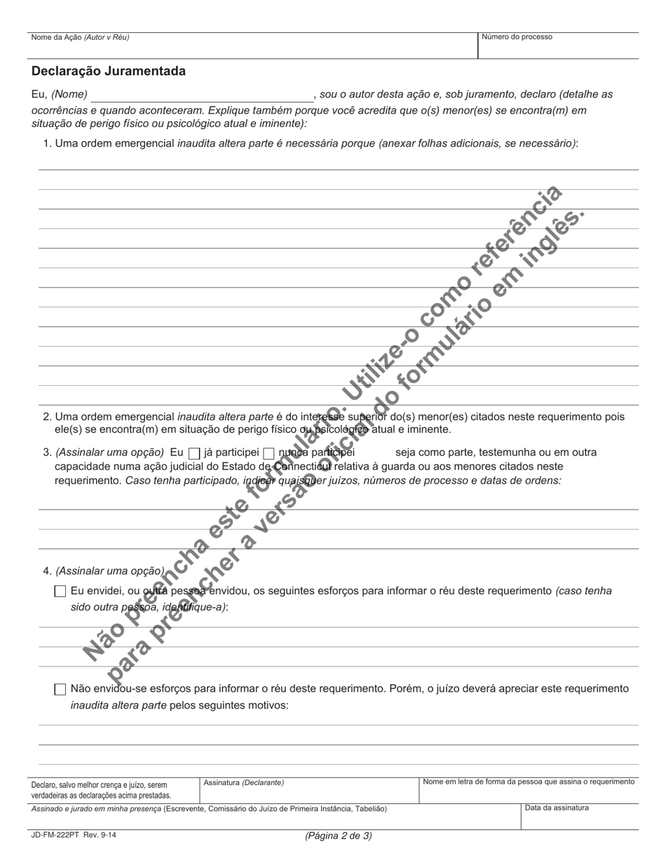 Form JD-FM-222PT Application for Emergency Ex Parte Order of Custody - Connecticut (Portuguese), Page 2