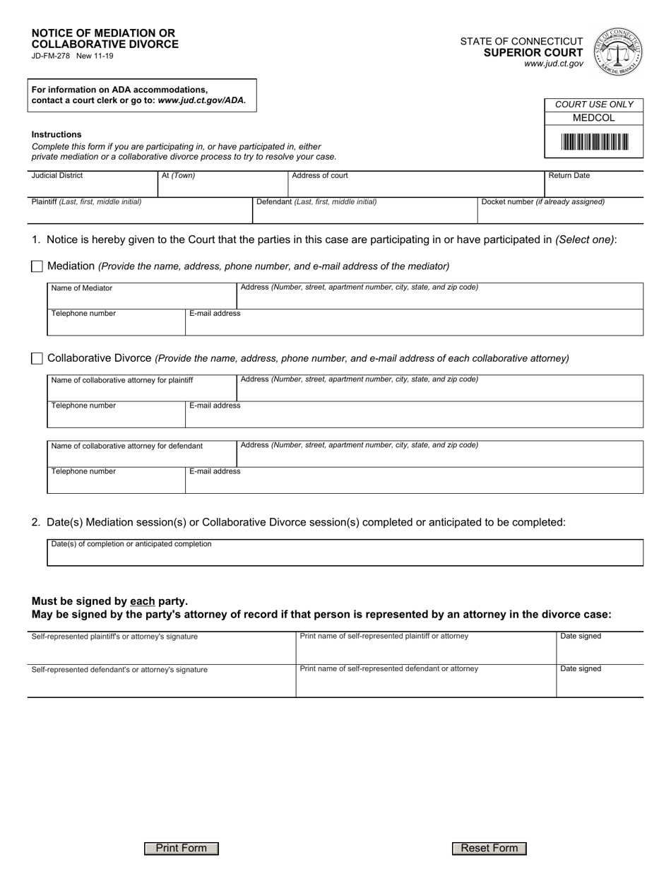 Form JD-FM-278 Notice of Mediation or Collaborative Divorce - Connecticut, Page 1
