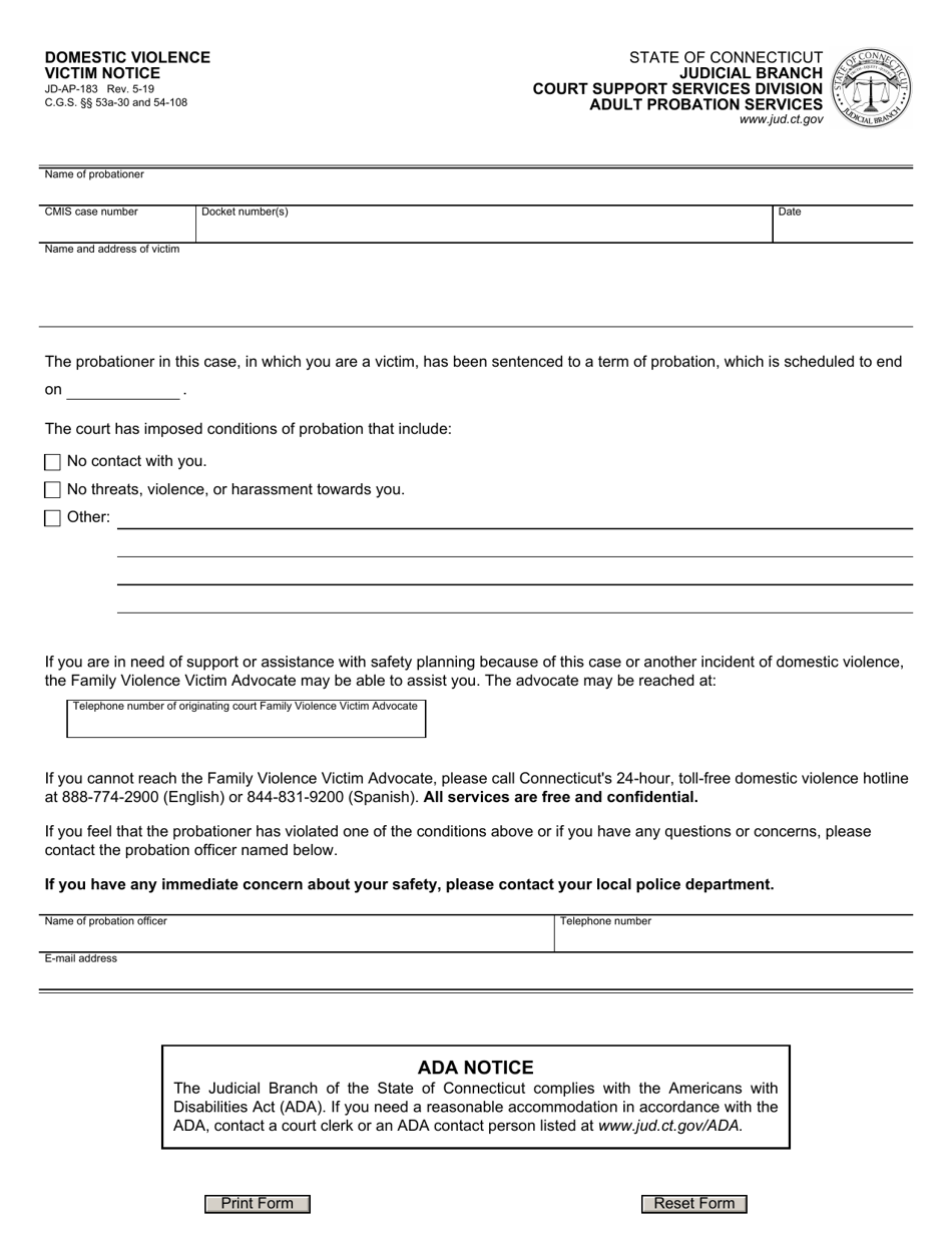Form JD-AP-183 Domestic Violence, Victim Notice - Connecticut, Page 1