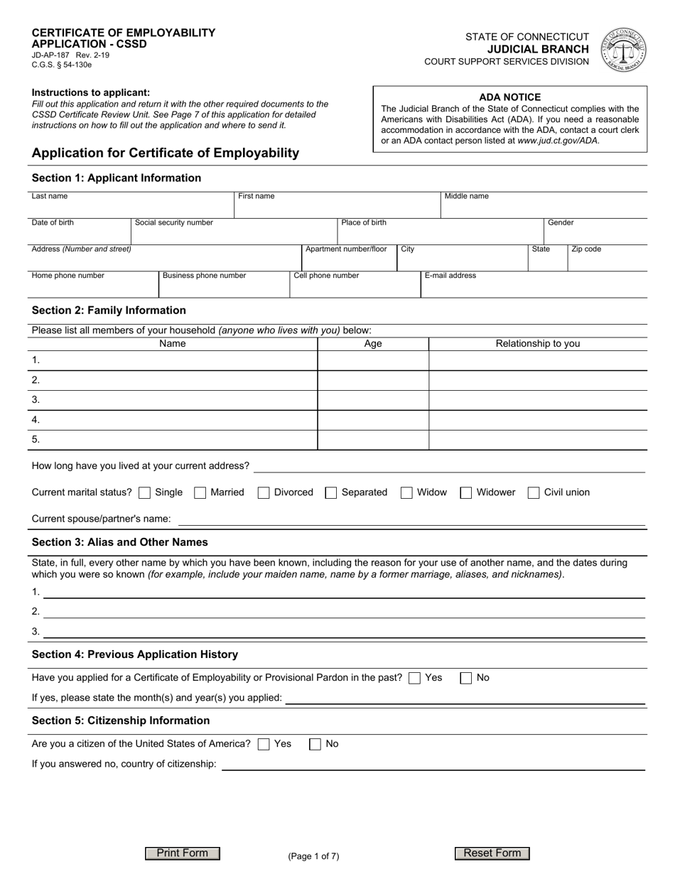 Form JD-AP-187 Certificate of Employability Application - Cssd - Connecticut, Page 1
