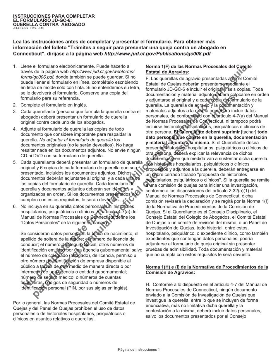 Formulario JD-GC-6S Querella Contra Abogado (Querella De Agravio) - Connecticut (Spanish), Page 1