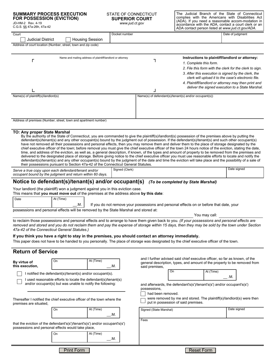 Form JD-HM-2 Summary Process Execution for Possession (Eviction) - Connecticut, Page 1