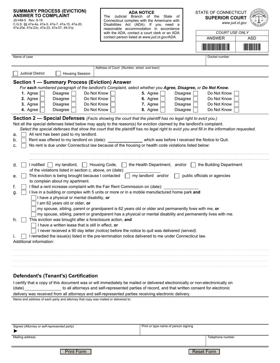 Form JD-HM-5 Summary Process (Eviction) Answer to Complaint - Connecticut, Page 1
