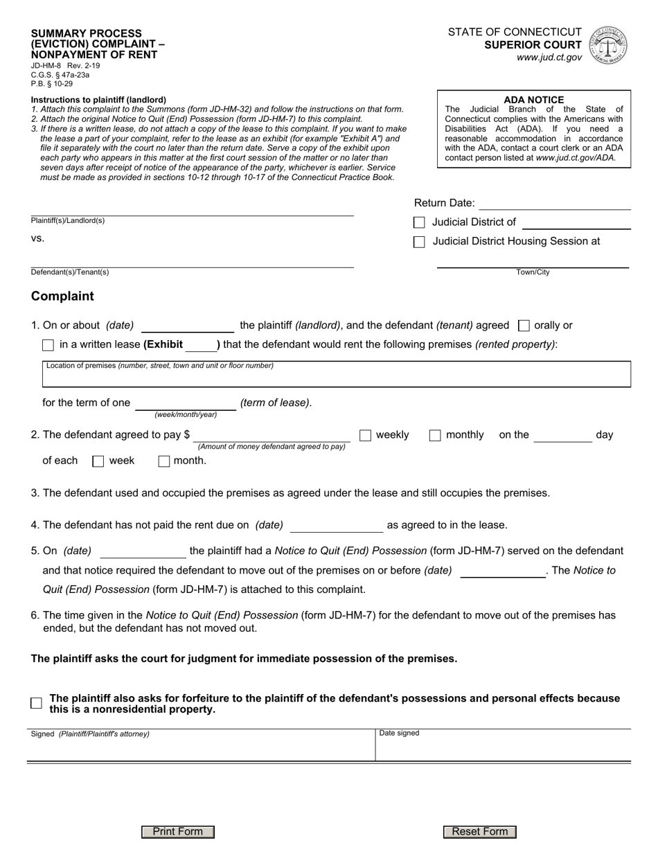Form JD-HM-8 Summary Process (Eviction) Complaint - Nonpayment of Rent - Connecticut, Page 1