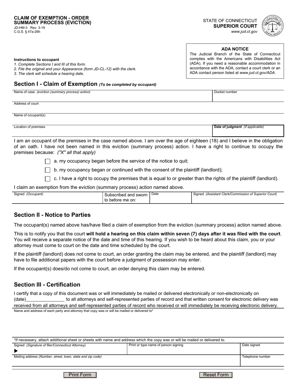 Form JD-HM-3 Claim of Exemption - Order Summary Process (Eviction) - Connecticut, Page 1