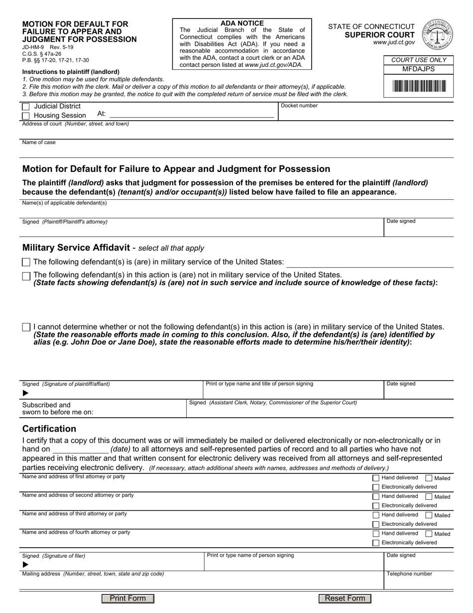Form JD-HM-9 Motion for Default for Failure to Appear and Judgement for Possession - Connecticut, Page 1