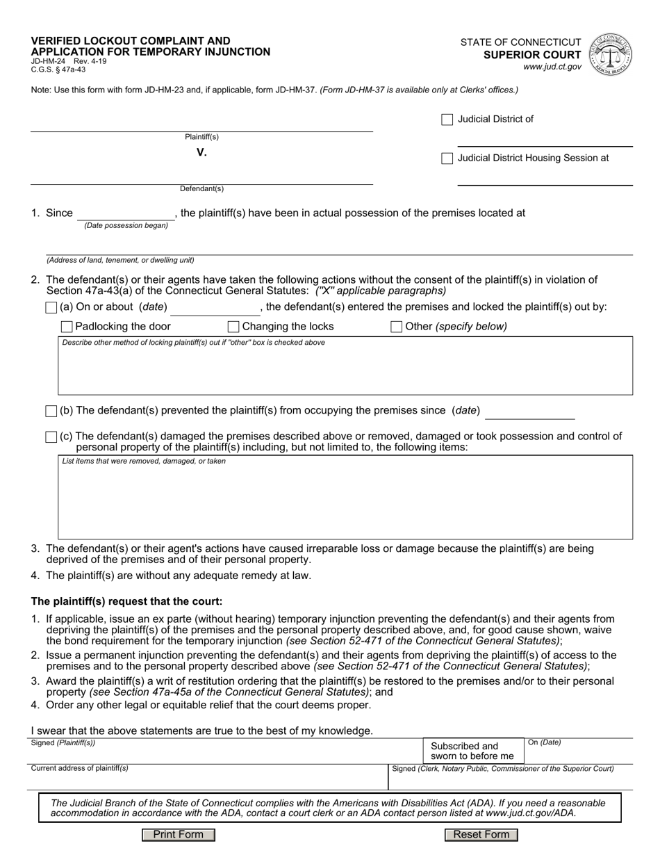 Form JD-HM-24 Verified Lockout Complaint and Application for Temporary Injunction - Connecticut, Page 1