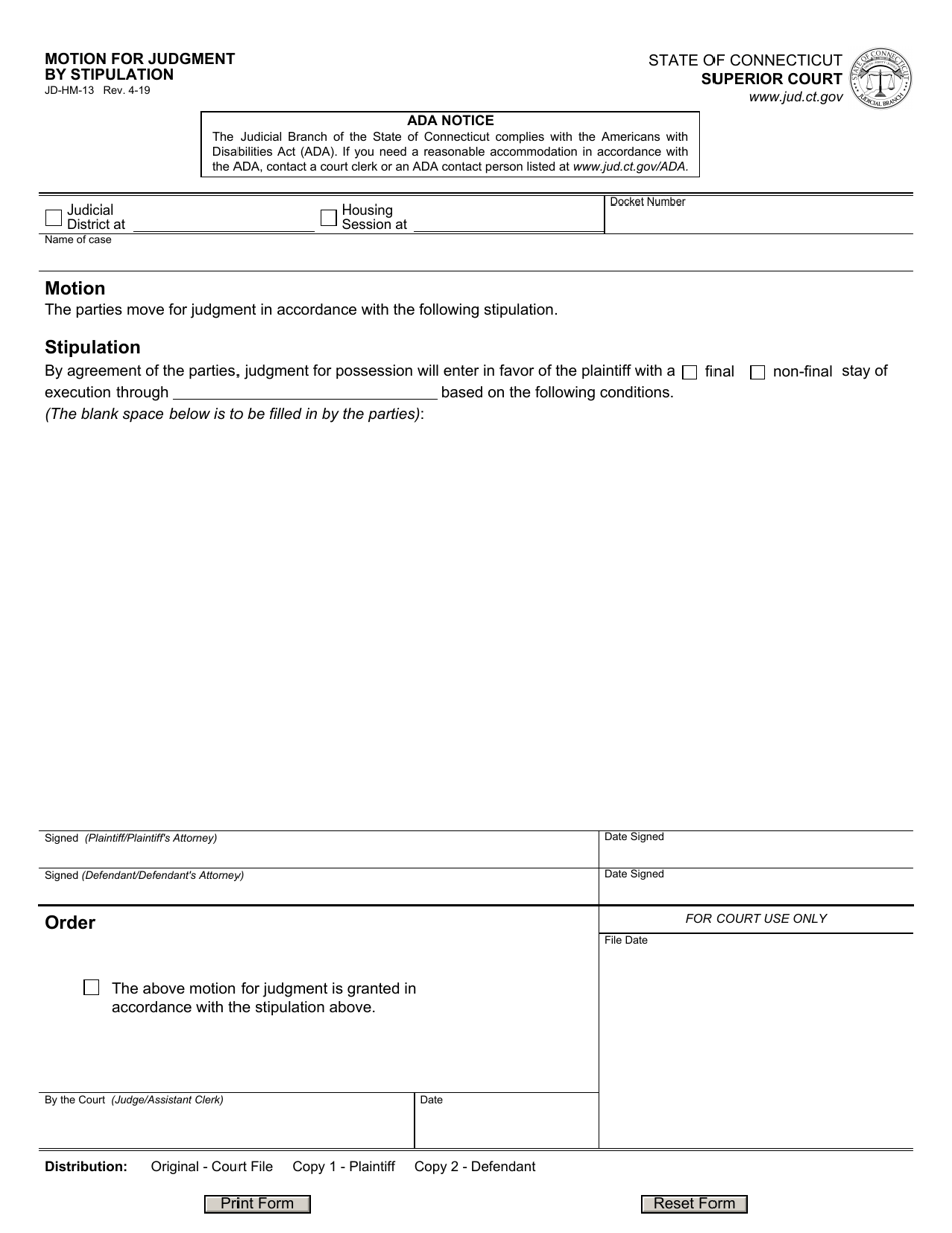 Form JD-HM-13 Motion for Judgement by Stipulation - Connecticut, Page 1