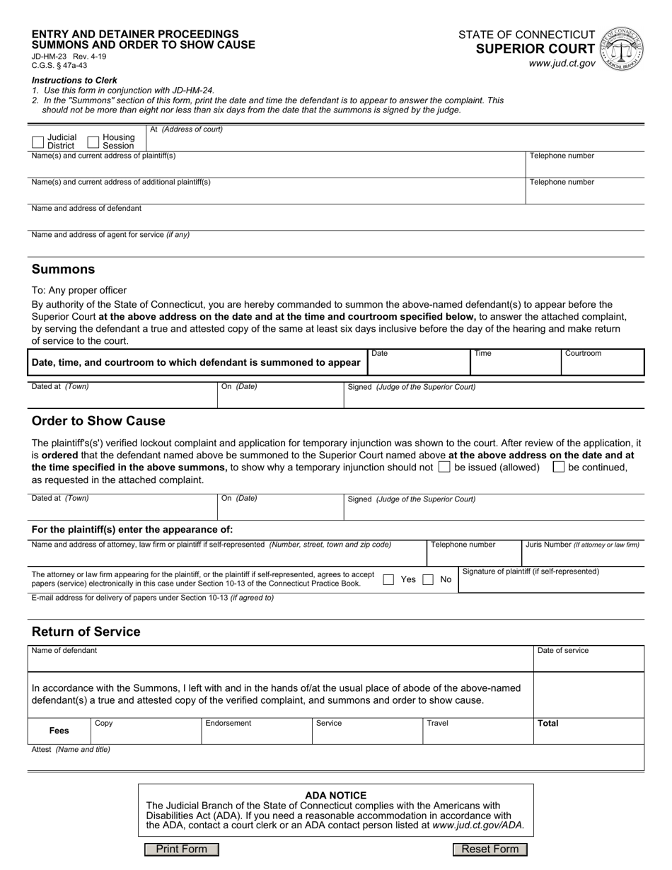 Form JD-HM-23 Entry and Detainer Proceedings Summons and Order to Show Cause - Connecticut, Page 1