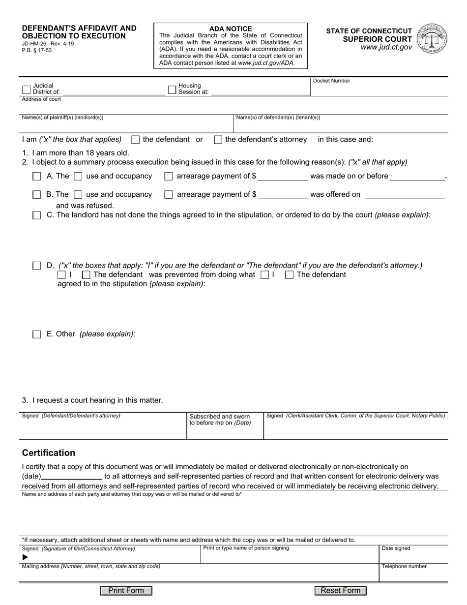 Form JD-HM-26 Defendants Affidavit and Objection to Execution - Connecticut, Page 1