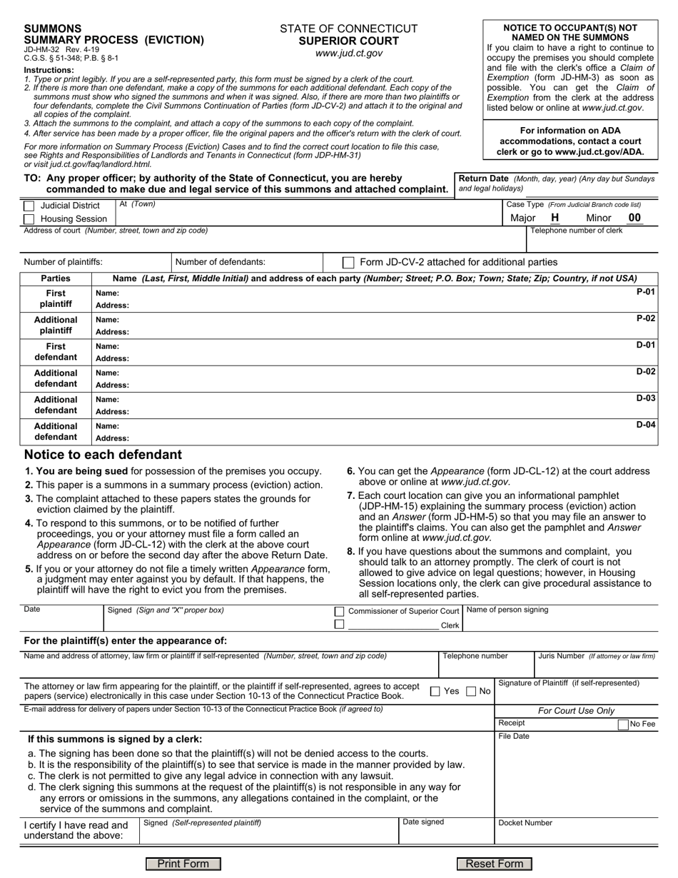 Form JD-HM-32 Summons - Summary Process (Eviction) - Connecticut, Page 1