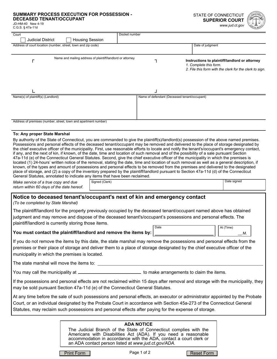 Form JD-HM-40 Summary Process Execution for Possession - Deceased Tenant/Occupant - Connecticut, Page 1