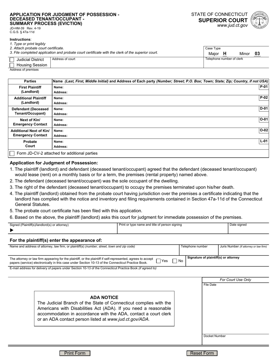 Form JD-HM-39 Application for Judgment of Possession - Deceased Tenant / Occupant - Summary Process (Eviction) - Connecticut, Page 1
