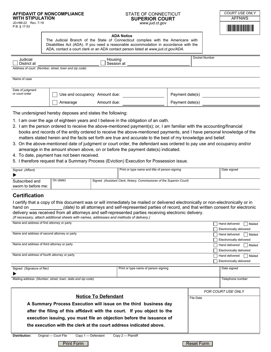 Form JD-HM-22 Affidavit of Noncompliance With Stipulation - Connecticut, Page 1