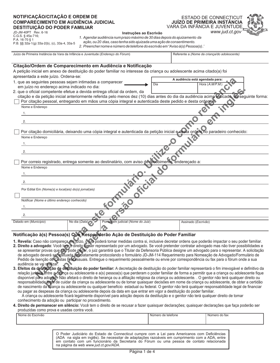 Form JD-JM-40PT Notice / Summons and Order for Hearing - Termination of Parental Rights - Connecticut (Portuguese), Page 1