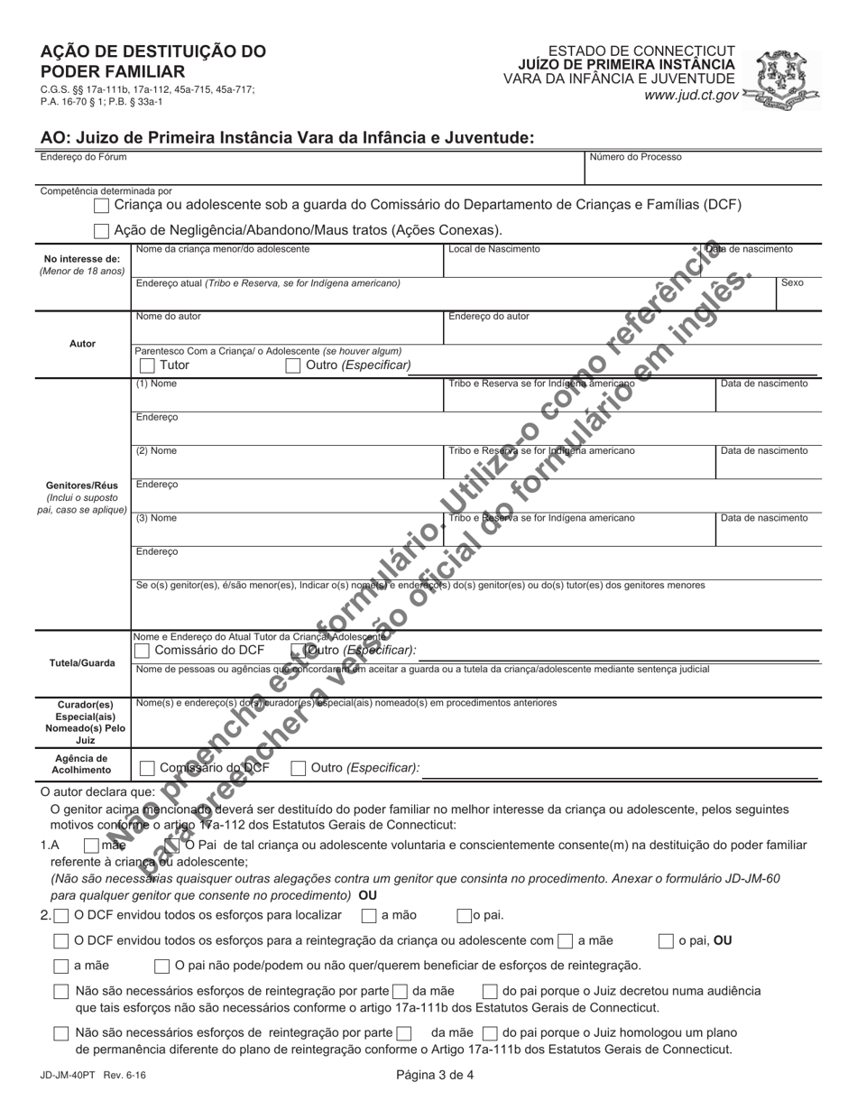 Form JD-JM-40PT Notice / Summons and Order for Hearing - Termination of Parental Rights - Connecticut (Portuguese), Page 3