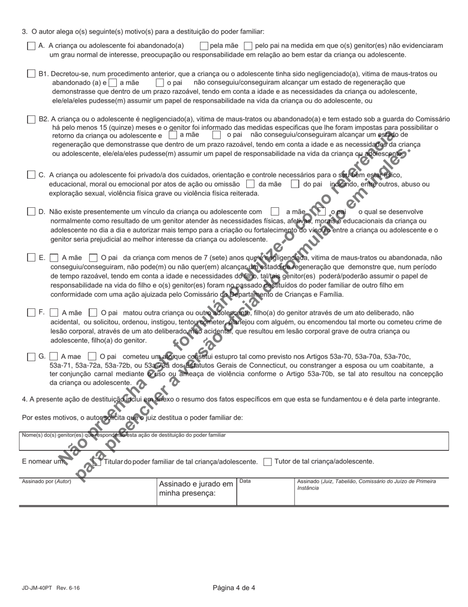 Form JD-JM-40PT Notice / Summons and Order for Hearing - Termination of Parental Rights - Connecticut (Portuguese), Page 4