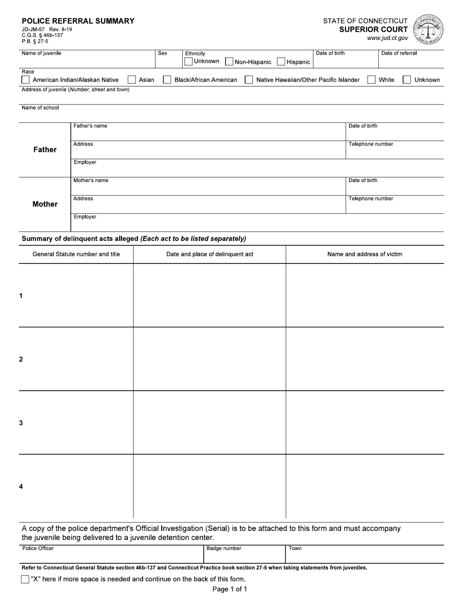Form JD-JM-057 Police Referral Summary - Connecticut, Page 1