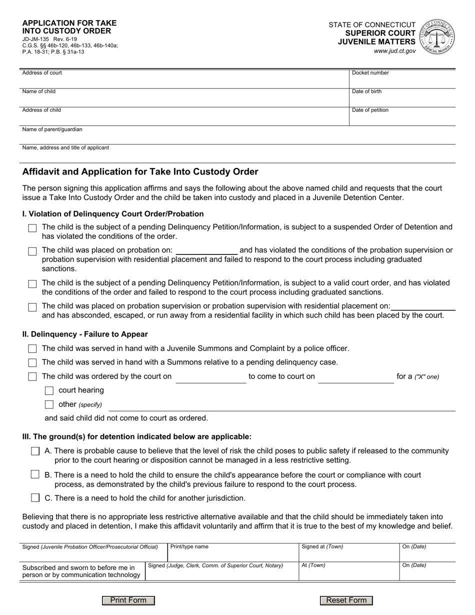Form JD-JM-135 Application for Take Into Custody Order - Connecticut, Page 1