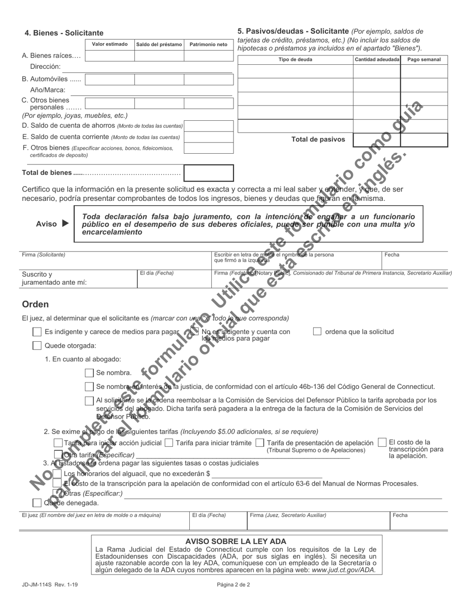 Formulario JD-JM-114S Solicitud De Nombramiento De Abogado Y Exoneracion De Tarifas Judiciales, Costas Y Gastos - Causas De Menores - Connecticut (Spanish), Page 2