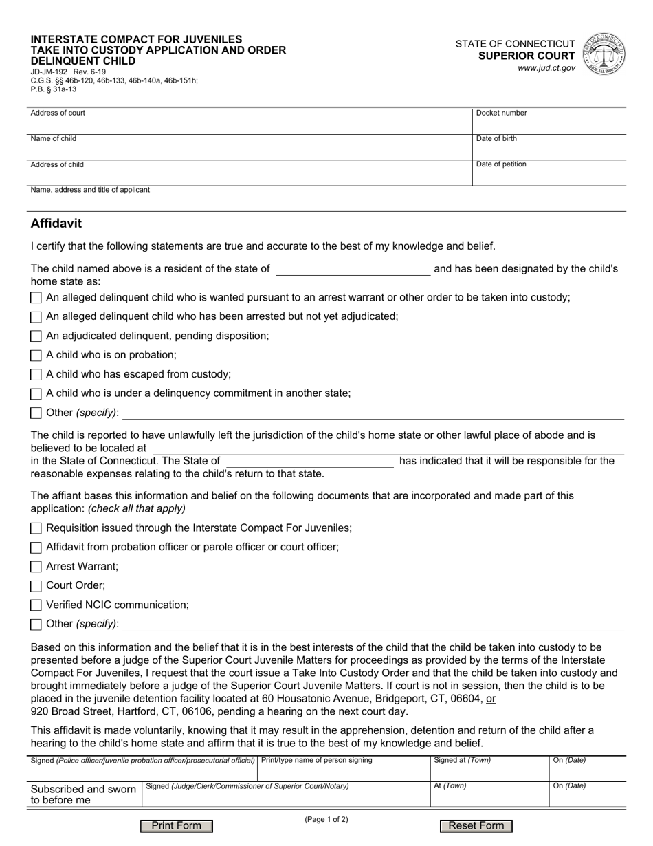 Form JD-JM-192 Interstate Compact for Juveniles - Take Into Custody Application and Order - Delinquent Child - Connecticut, Page 1