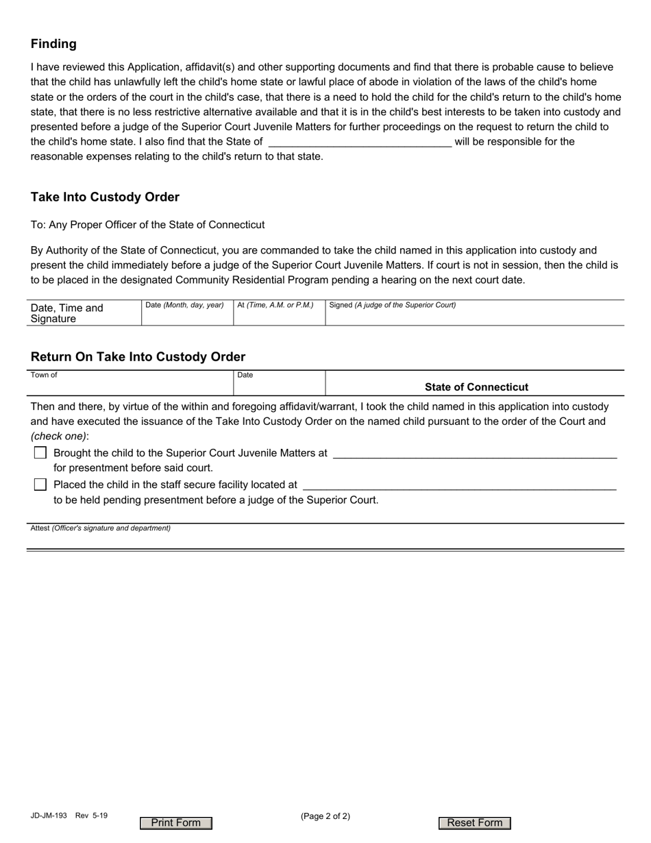 Form JD-JM-193 Interstate Compact for Juveniles - Take Into Custody Application and Order - Non-delinquent Runaway - Connecticut, Page 2