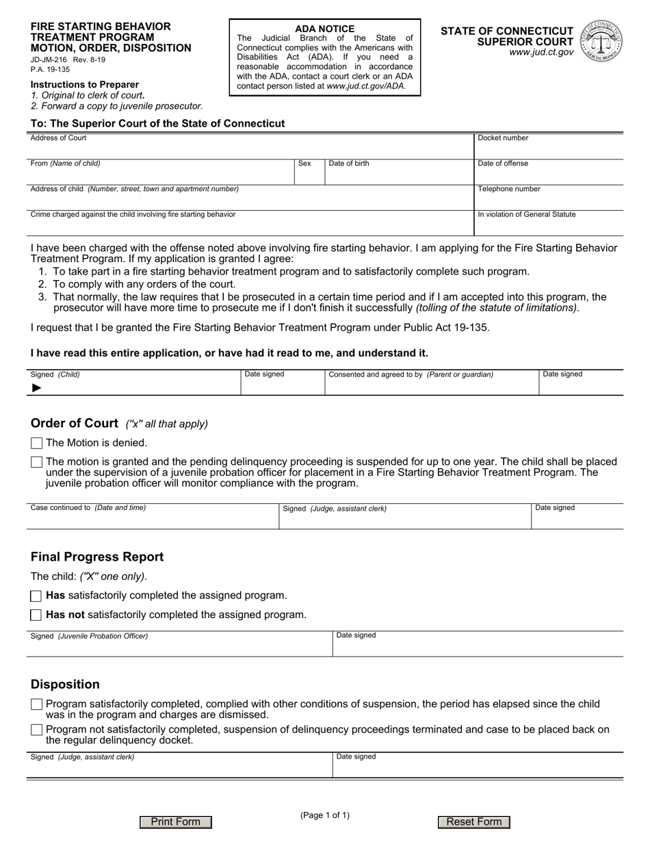 Form JD-JM-216 Fire Starting Behavior Treatment Program Motion, Order and Disposition - Connecticut, Page 1
