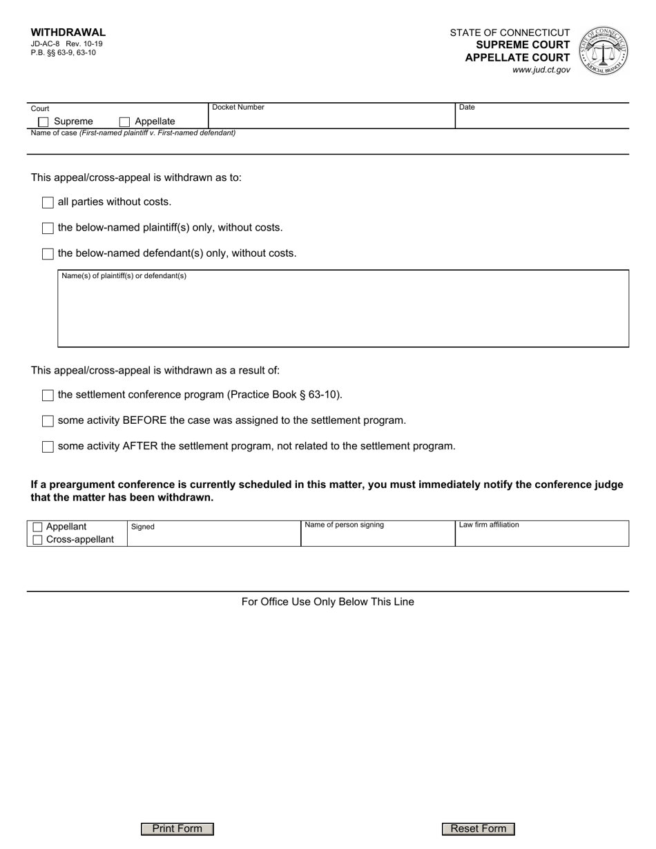 Form JD-AC-8 Withdrawal - Connecticut, Page 1
