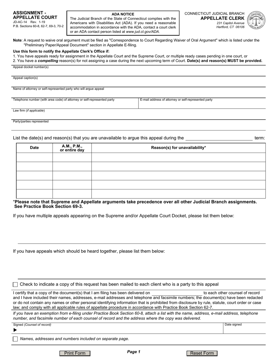 Form JD-AC-14 Assignment - Appellate Court - Connecticut, Page 1