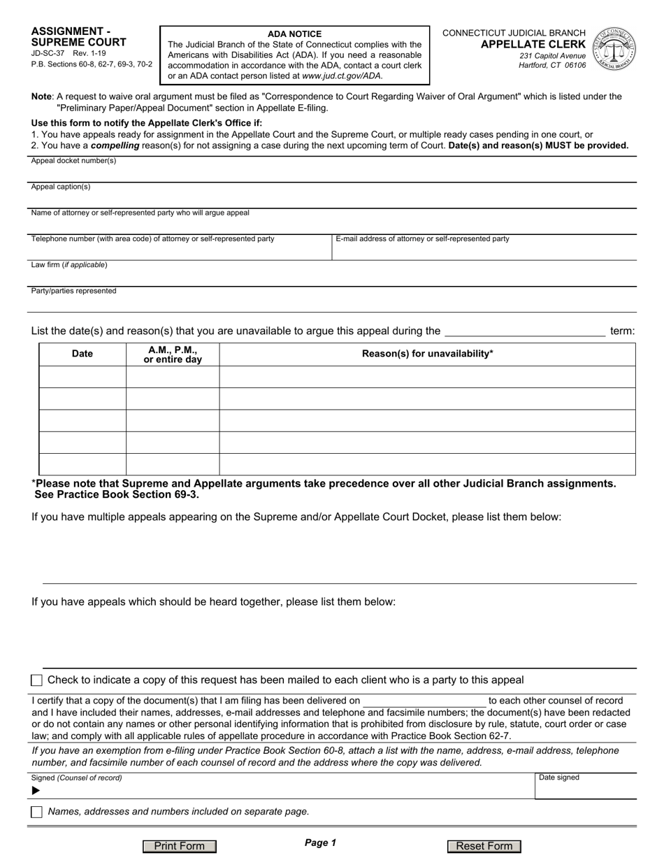 Form JD-SC-37 Assignment - Supreme Court - Connecticut, Page 1