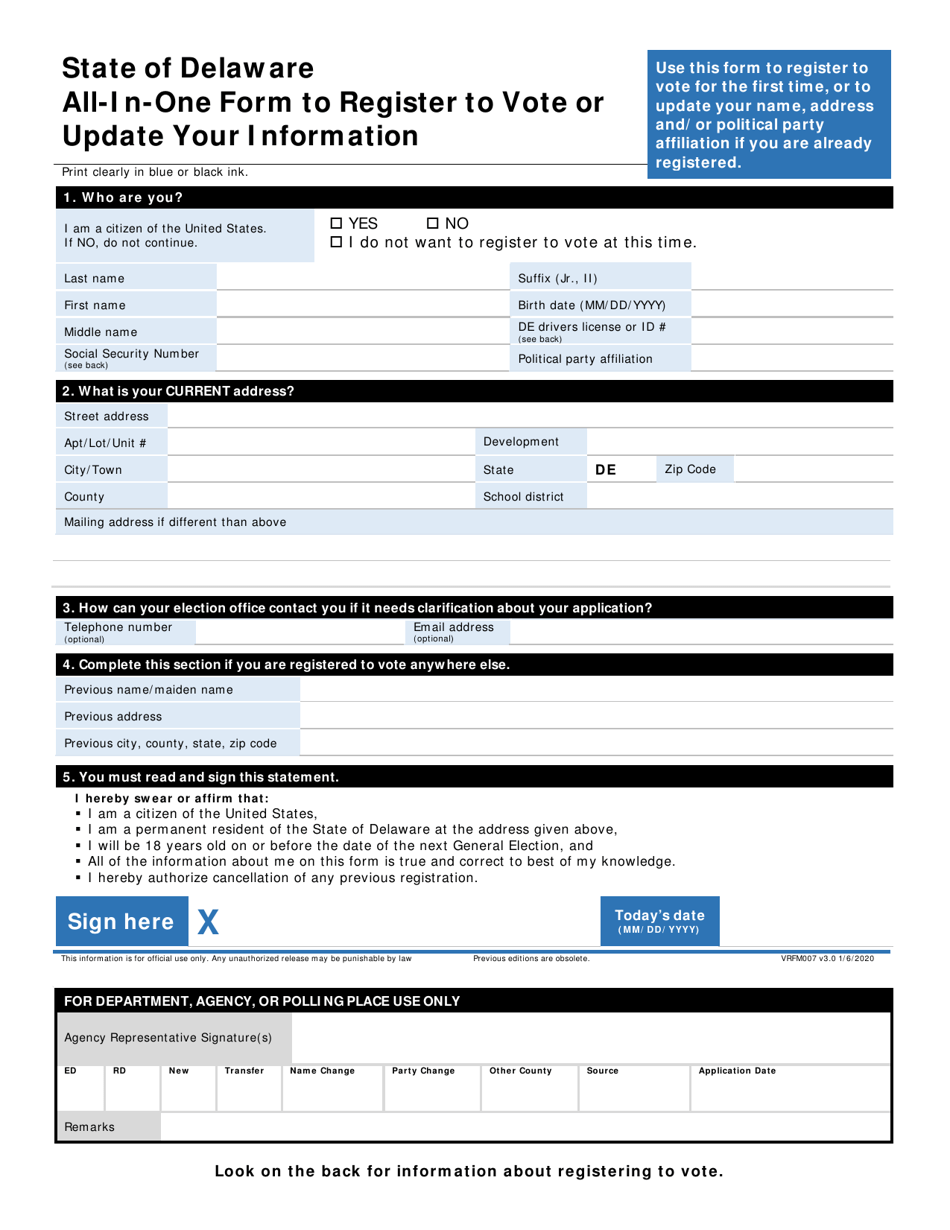Form VRFM007 All-in-one Form to Register to Vote or Update Your Information - Delaware, Page 1