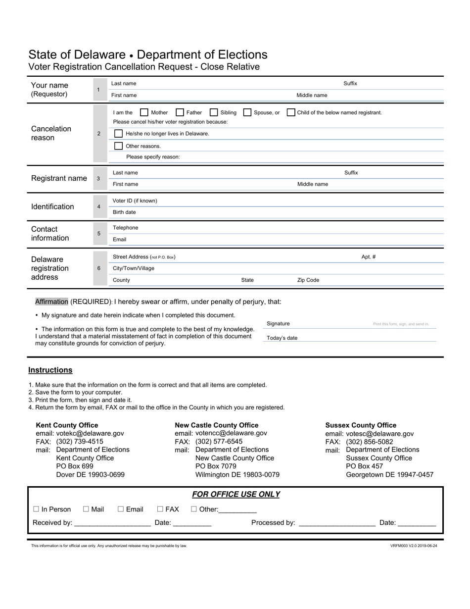 Form VRFM003 Voter Registration Cancellation Request - Close Relative - Delaware, Page 1