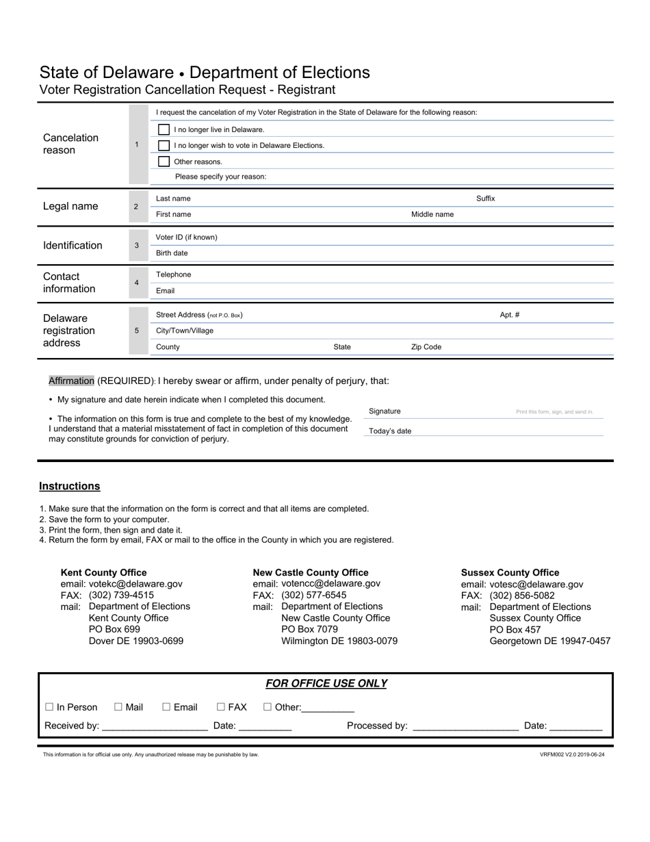 Form VRFM002 Voter Registration Cancellation Request - Registrant - Delaware, Page 1