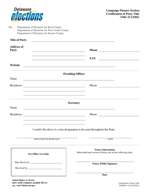 Form CFFM015 Certification of Party Title - Delaware