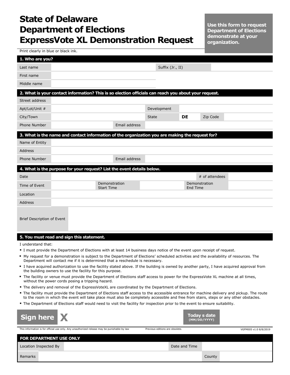 Form VGFM005 Voting Machine Demonstration Request Form - Delaware, Page 1