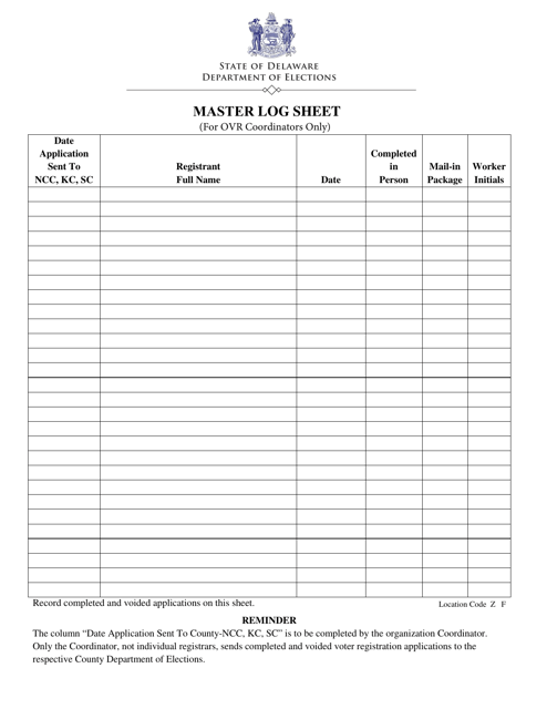 Master Log Sheet (For Ovr Coordinators Only) - Delaware Download Pdf