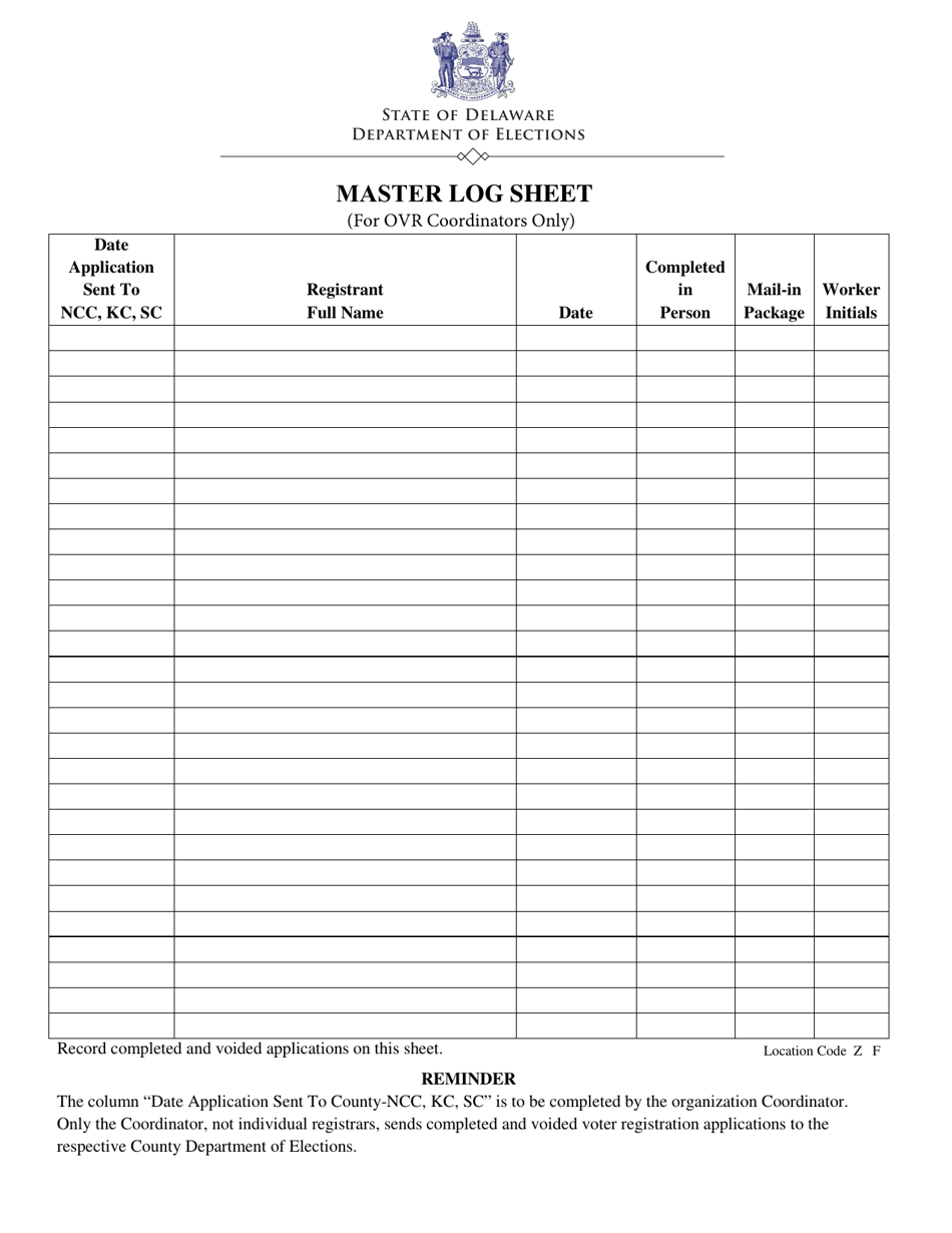 Master Log Sheet (For Ovr Coordinators Only) - Delaware, Page 1