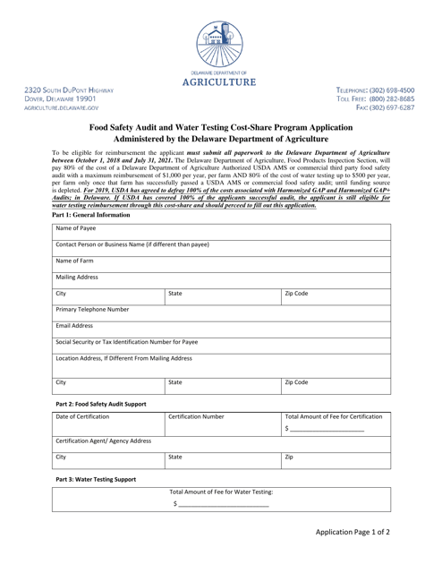 Food Safety Audit and Water Testing Cost-Share Program Application - Delaware Download Pdf