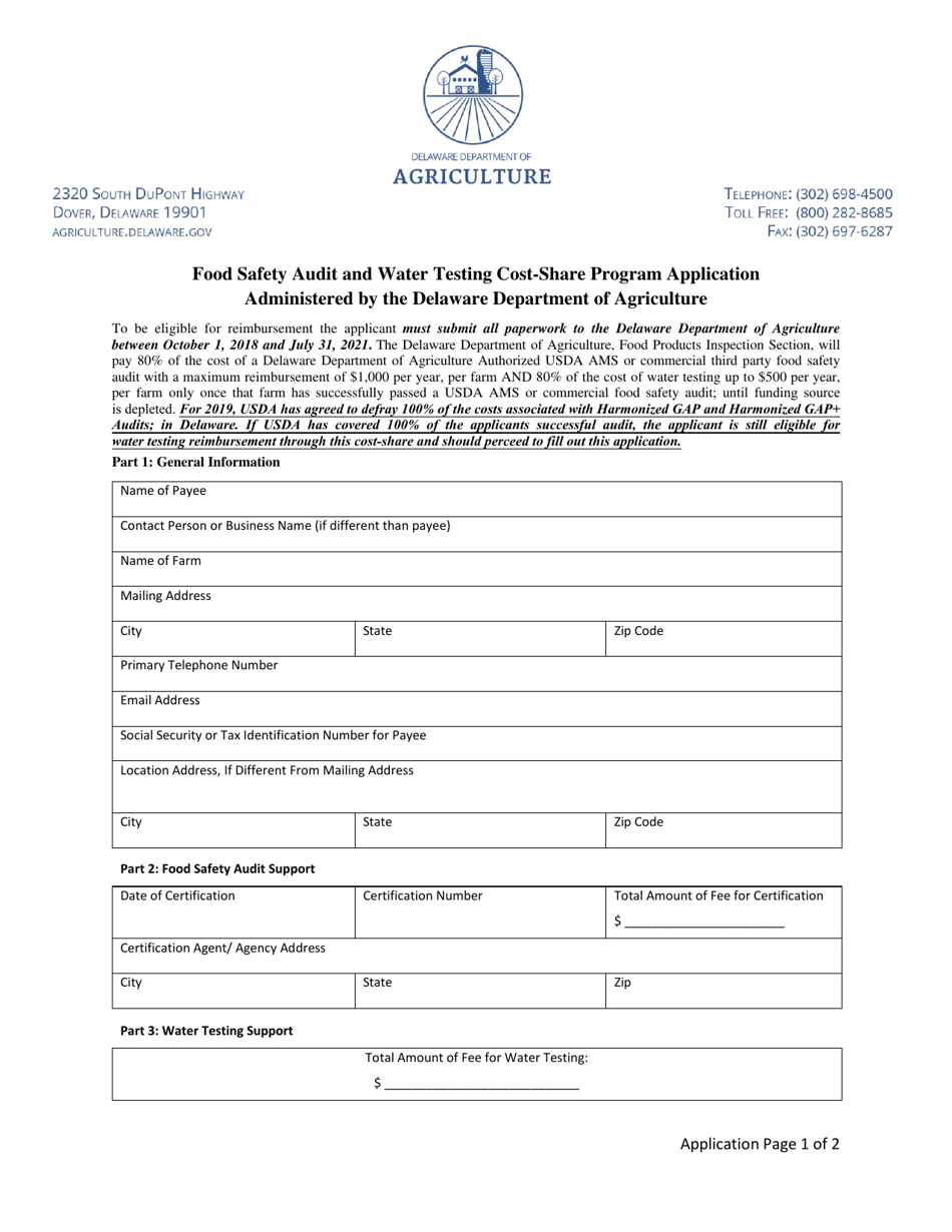 Food Safety Audit and Water Testing Cost-Share Program Application - Delaware, Page 1