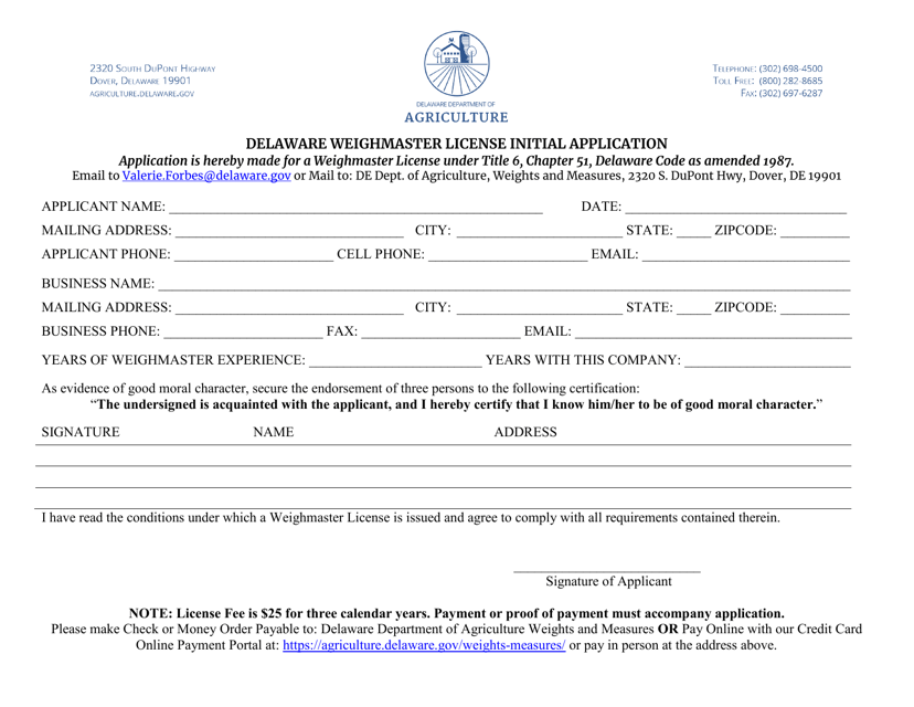 Delaware Weighmaster License Initial Application - Delaware