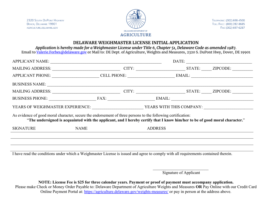 Delaware Weighmaster License Initial Application - Delaware, Page 1