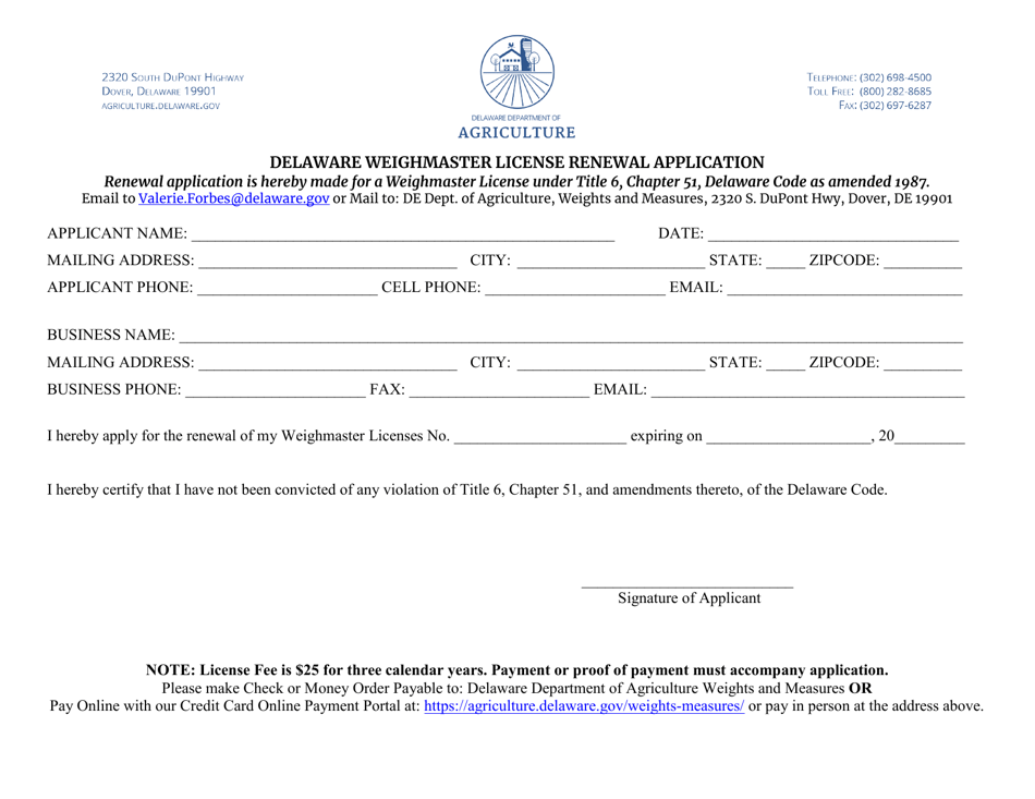 Delaware Weighmaster License Renewal Application - Delaware, Page 1