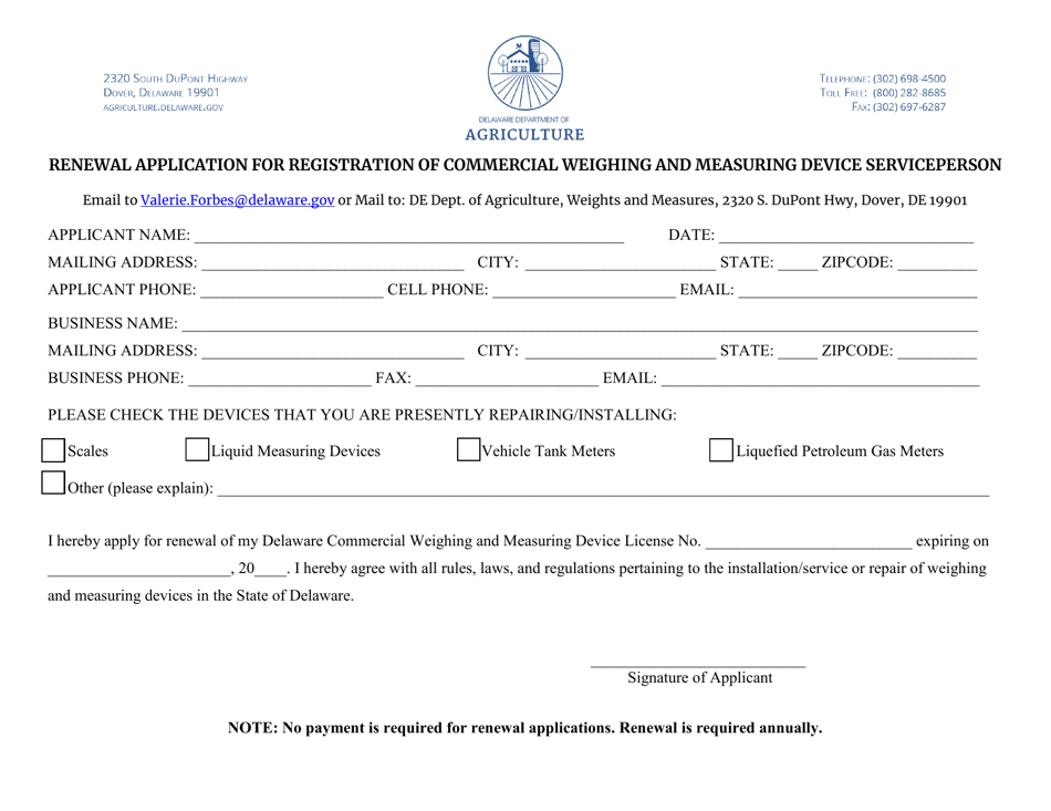 Renewal Application for Registration of Commercial Weighing and Measuring Device Serviceperson - Delaware, Page 1