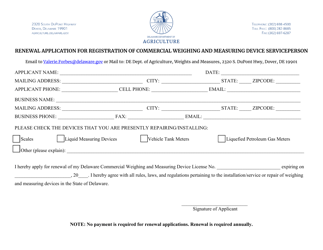 Document preview: Renewal Application for Registration of Commercial Weighing and Measuring Device Serviceperson - Delaware