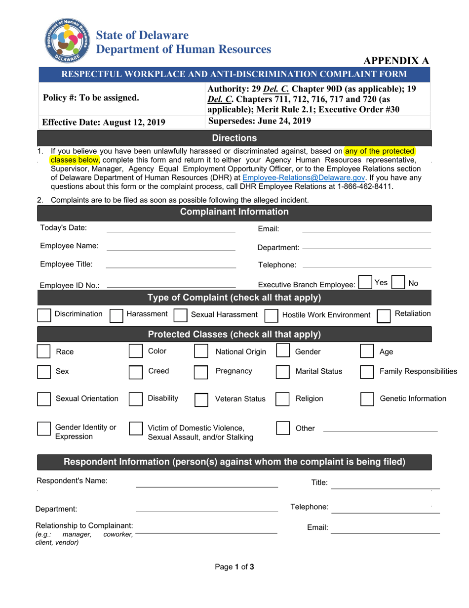 Appendix A Respectful Workplace and Anti-discrimination Complaint Form - Delaware, Page 1