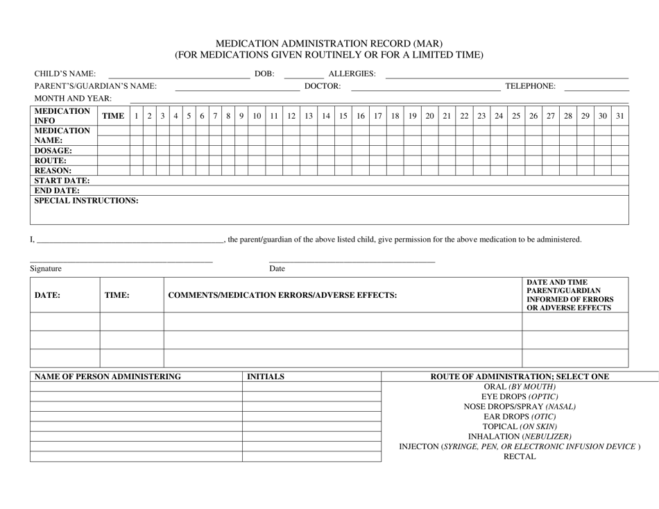 Medication Administration Record (MAR) (For Medications Given Routinely or for a Limited Time) - Delaware, Page 1