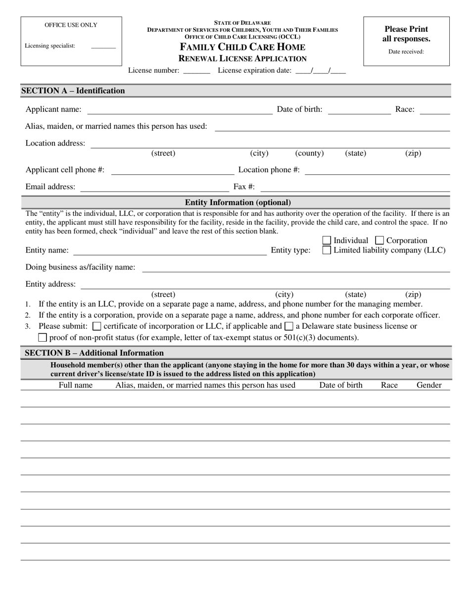Family Child Care Home Renewal License Application - Delaware, Page 1