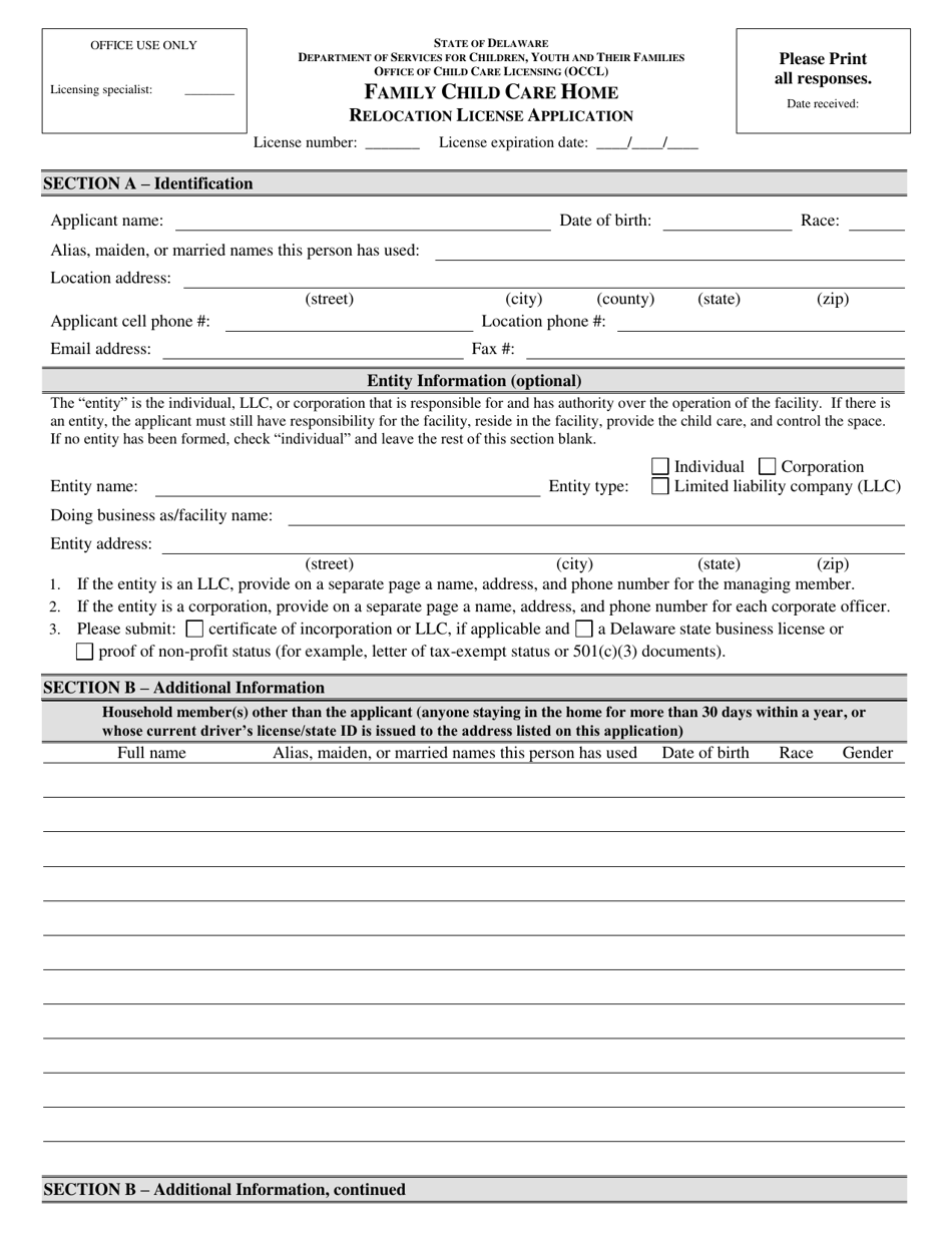 Family Child Care Home Relocation License Application - Delaware, Page 1