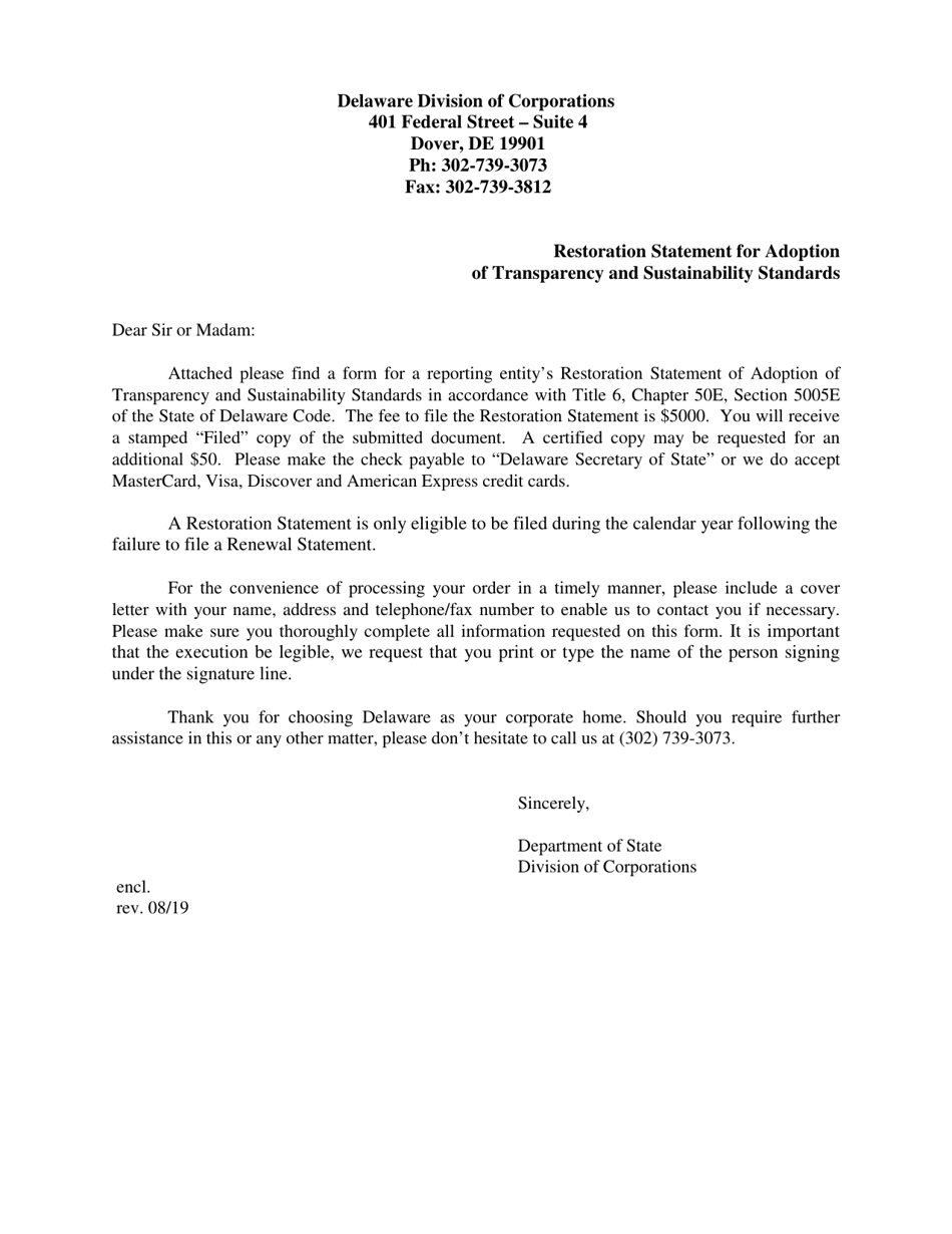 Restoration Statement of Adoption of Transparency and Sustainability Standards - Delaware, Page 1