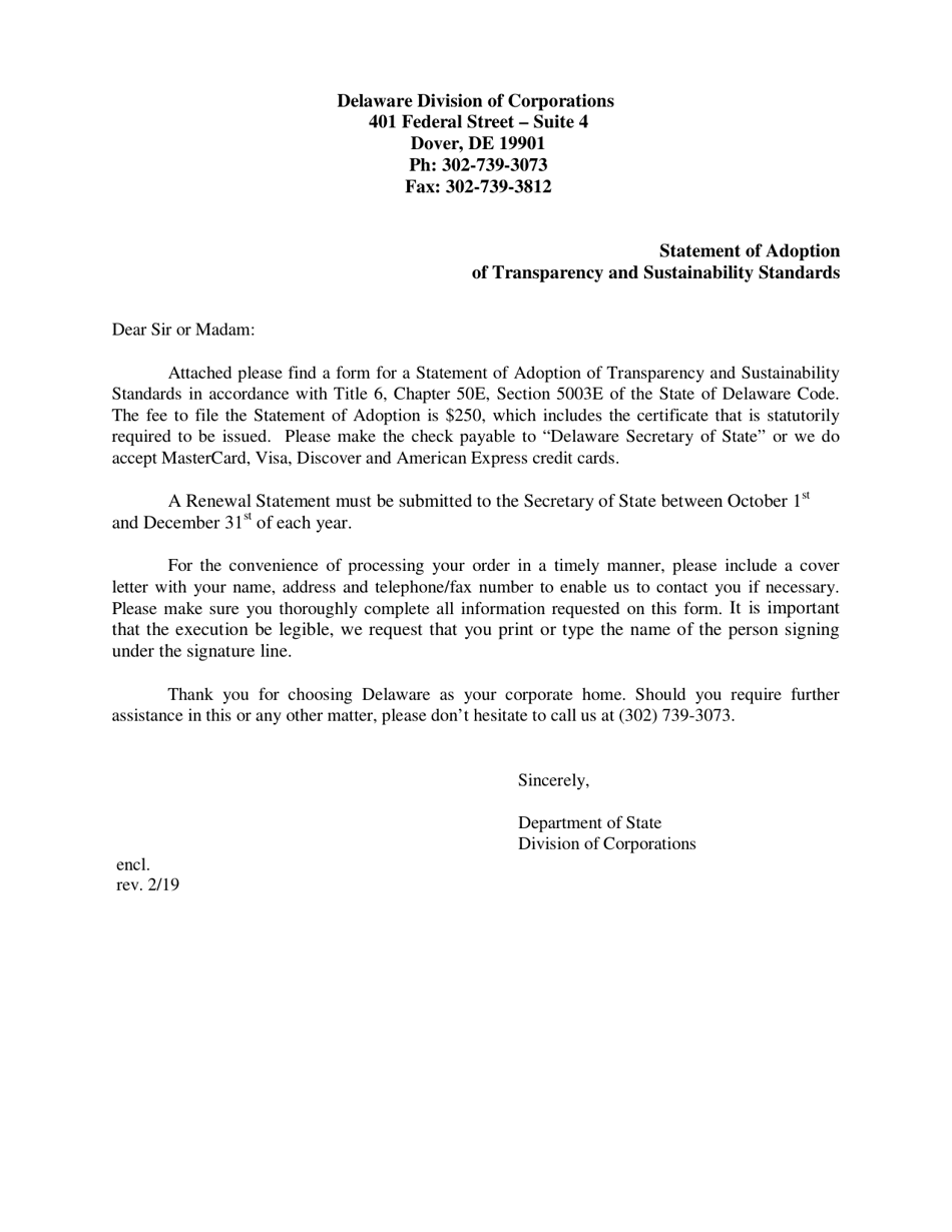 Statement of Adoption of Transparency and Sustainability Standards - Delaware, Page 1